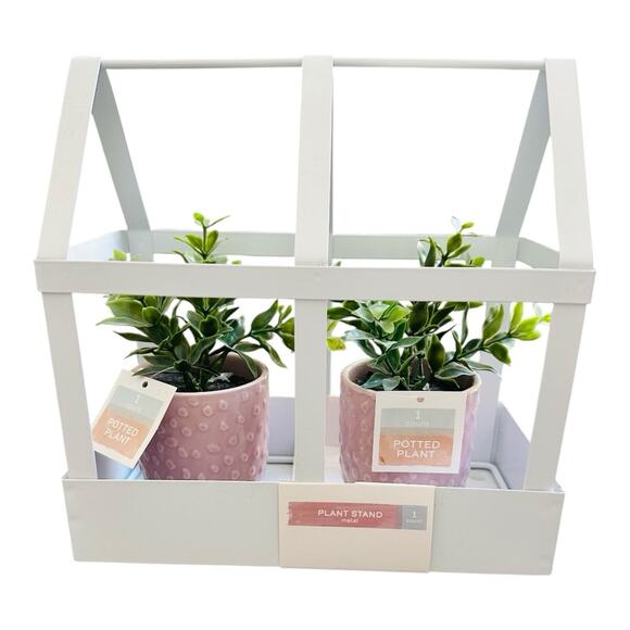 Target | Metal Greenhouse Shaped Plant Stand with 2 faux Potted Plants - Picture 1 of 2